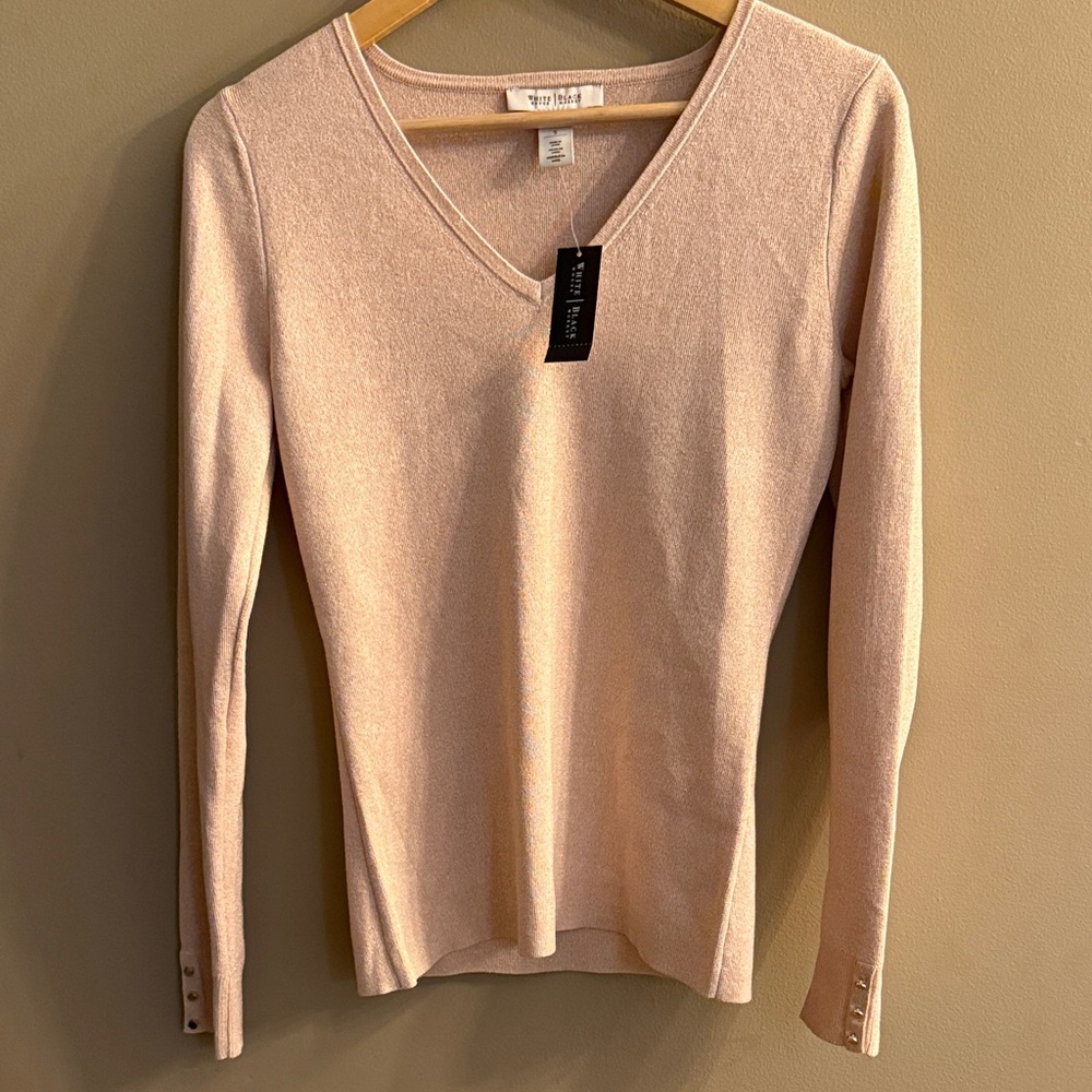 White House Black Market V-Neck Sweater - muted pink with gold accents sparkles